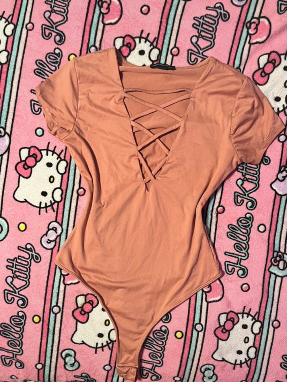 Streetwear Society Salmon Pink Crisscross V-Neck Bodysuit
